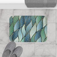 Bold Blue Green Ombré Leaves Bath Mat Small