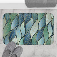 Bold Blue Green Ombré Leaves Bath Mat Large