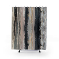 shower curtain in bold, warm and cool vertical stripes oil paint on canvas in black, brown, beige and gray with a hint of peach.