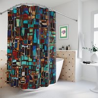 Turquoise, orange, brown and black stained glass color block design shower curtain