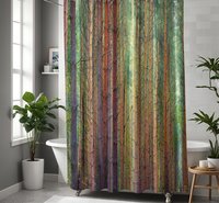 Watercolor vertical striped shower curtain for a farmhouse decor. Deep purple, orange and brown birch trees in a lush green forest.