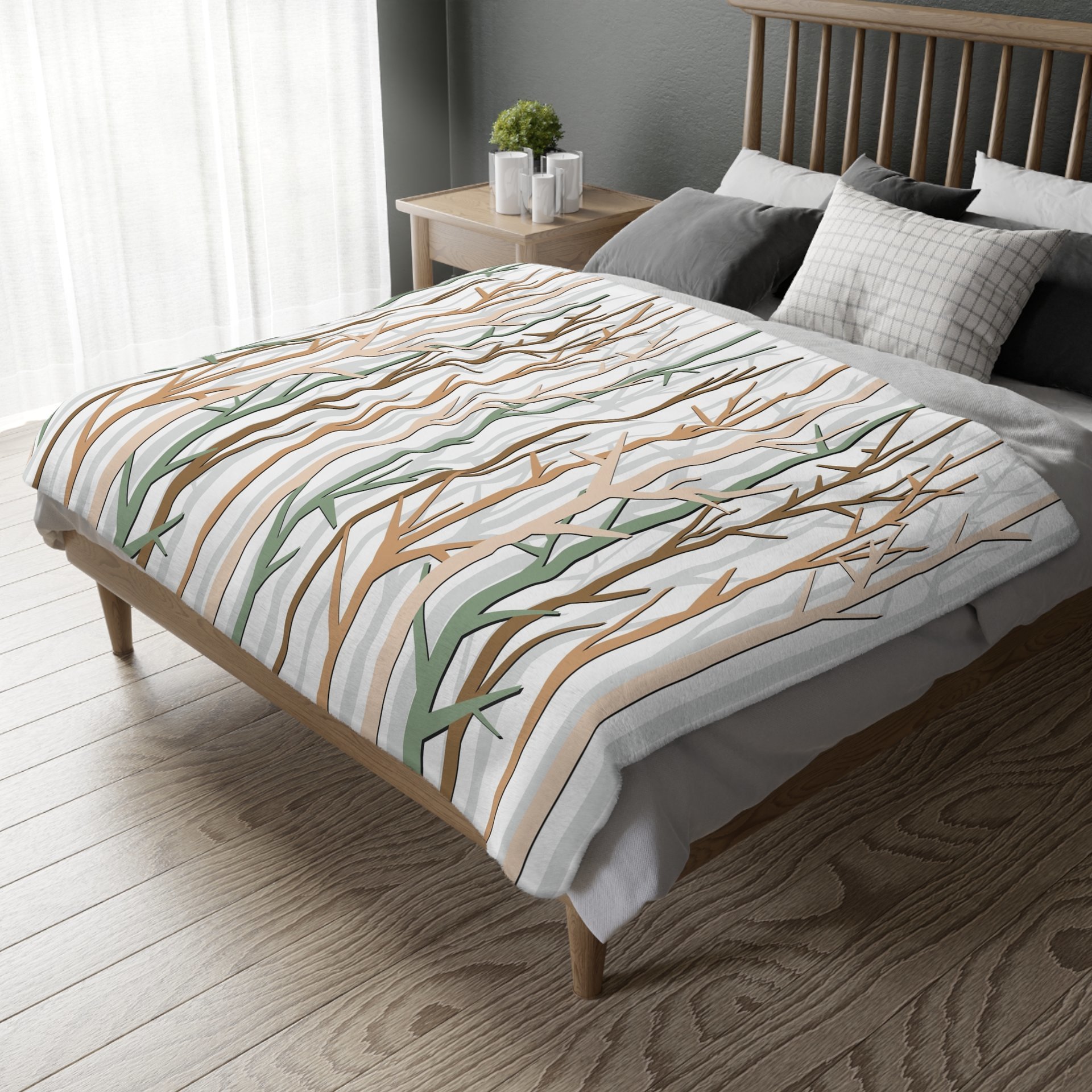 winter forest design blanket in an earthy color palette of tan, brown, sage green and white