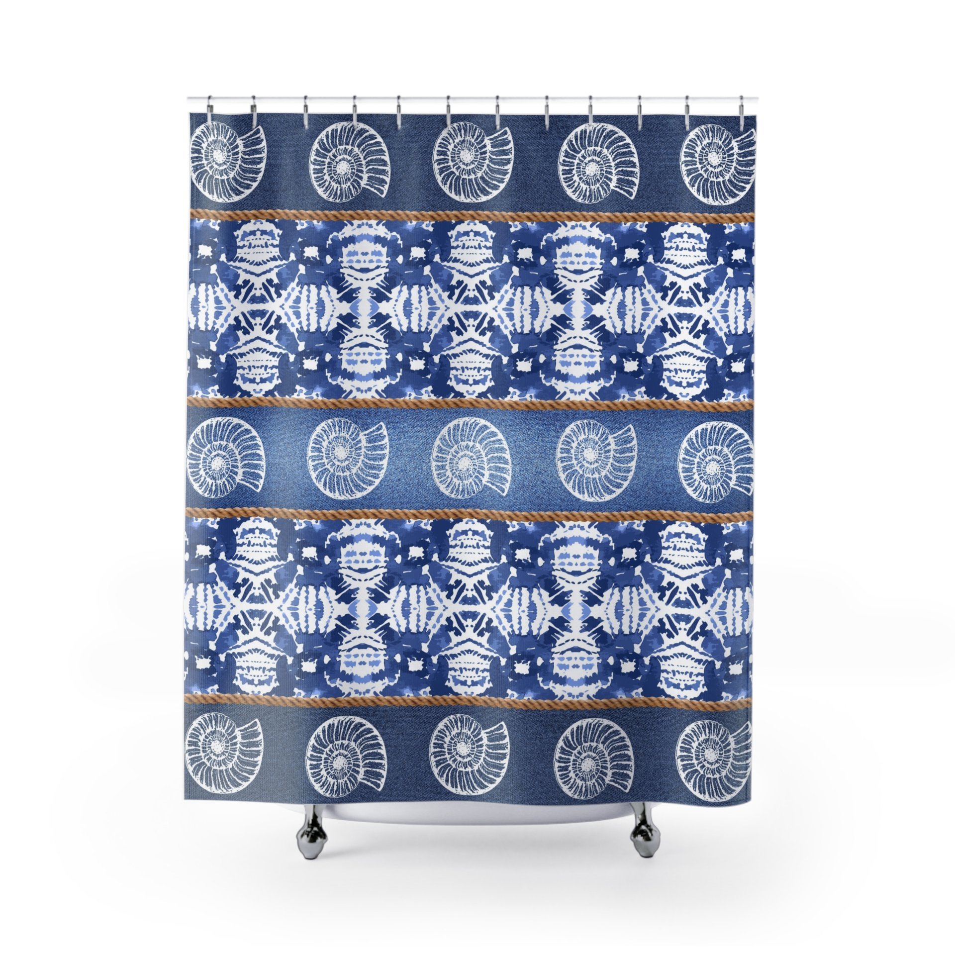 shower curtain - Coastal design of blue denim stripes with spiral seashells and a nautical rope border on a watercolor ikat pattern background.