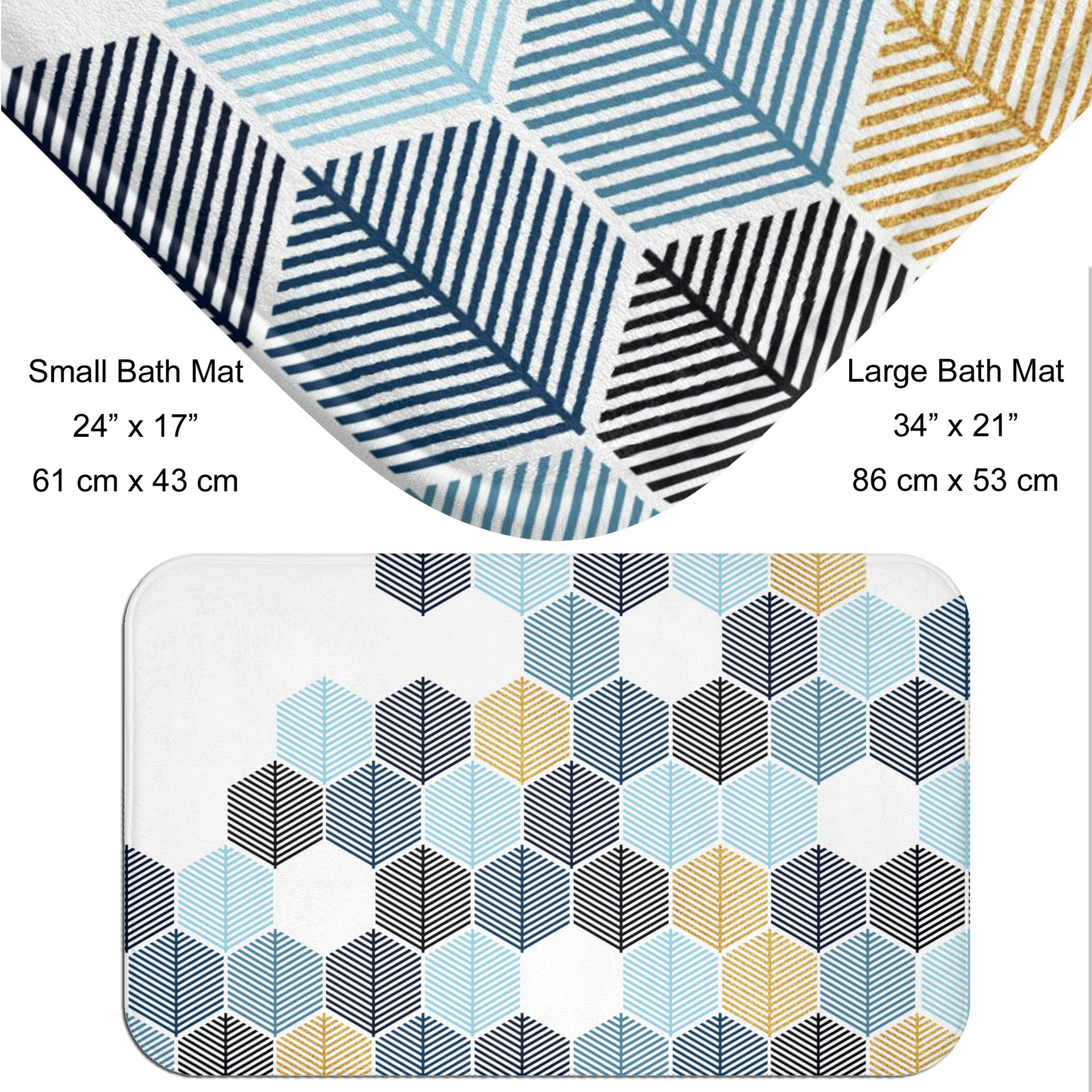 Abstract honeycomb-shaped trees design bath mat in navy blue, rackley blue, light blue and gold (not glittery) on a white background.
