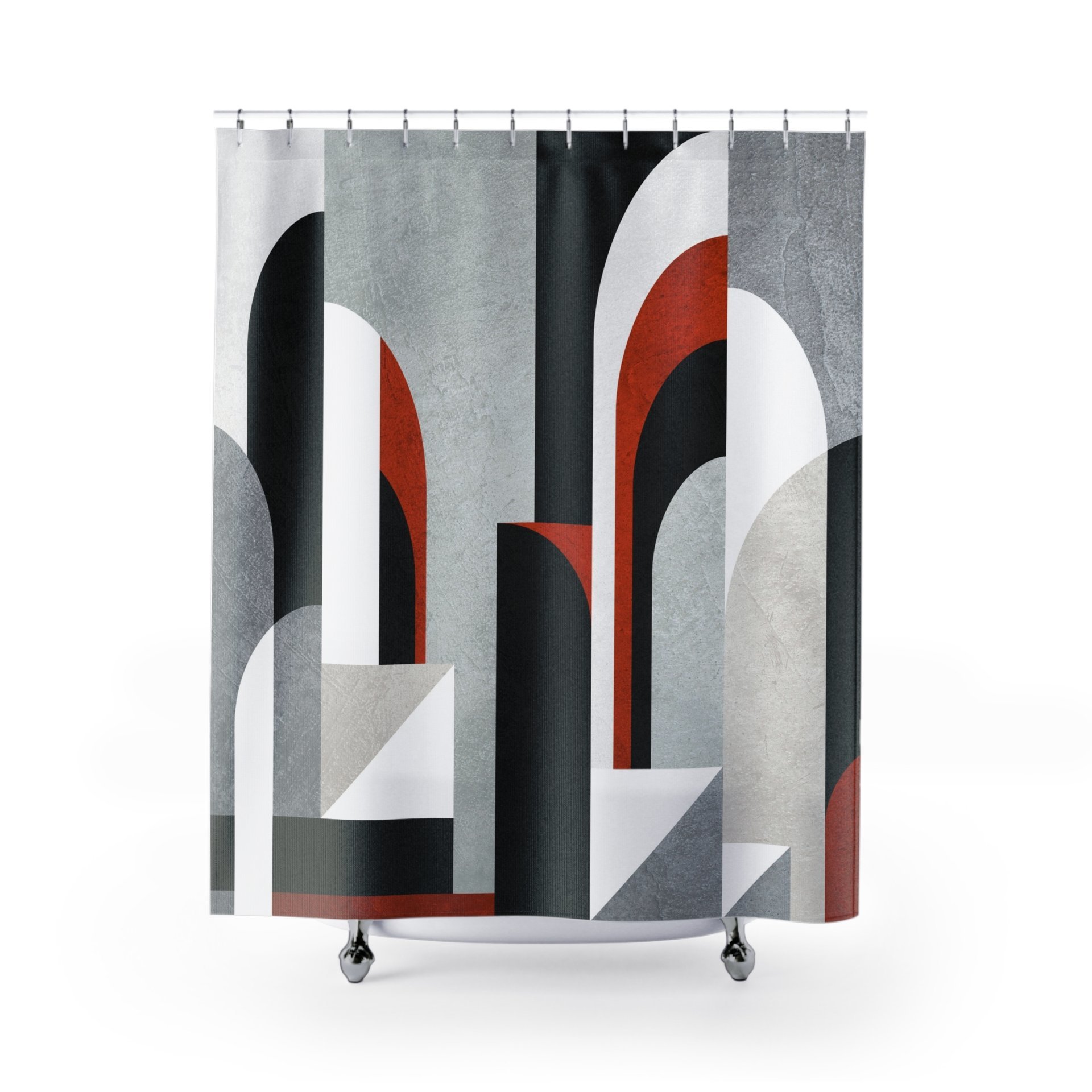 This shower curtain features an abstract geometric design with muted colors, primarily gray, black, white, and red-brown, arranged in a textured architectural pattern of arcs and rectangle shapes.
