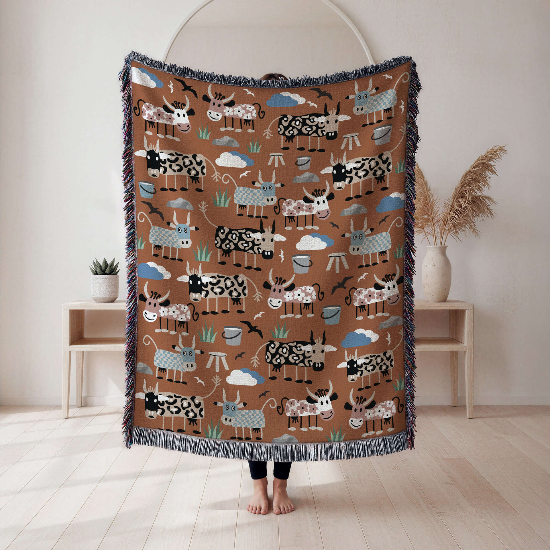 Whimsical Cows Woven Cotton Blanket