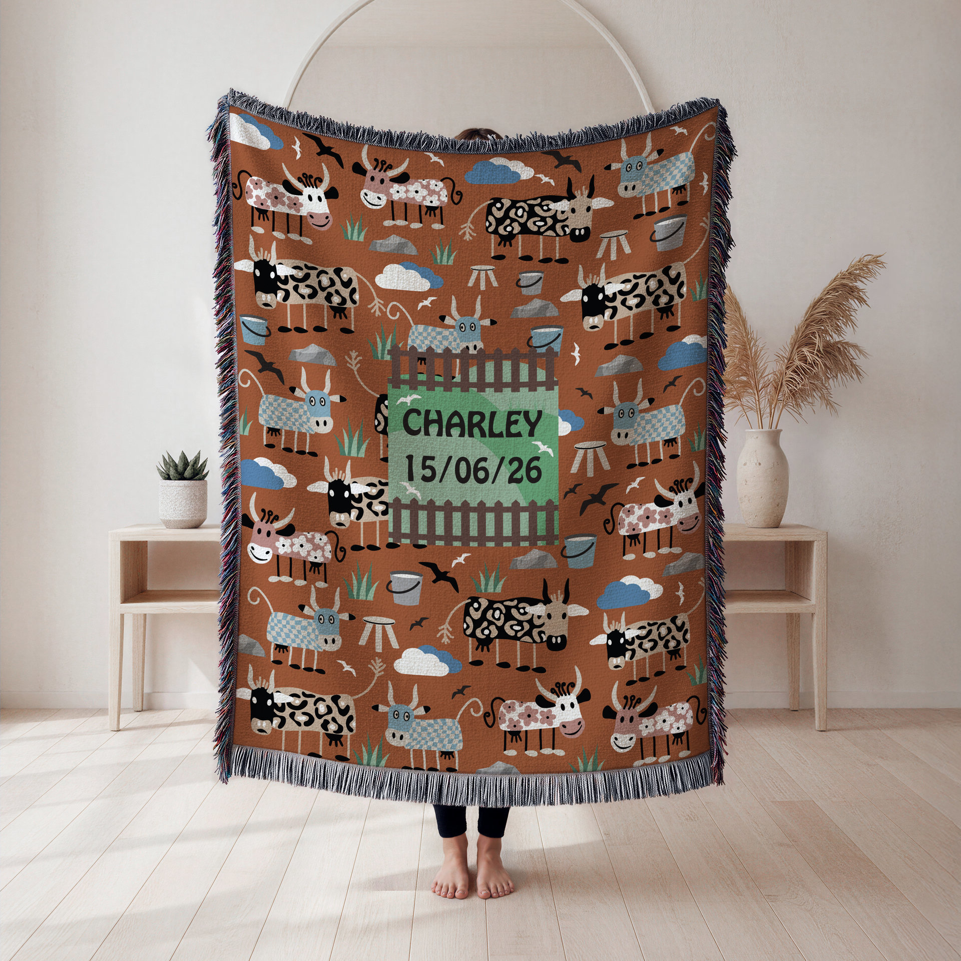 Whimsical Cows Woven Cotton Blanket, Personalization Optional
