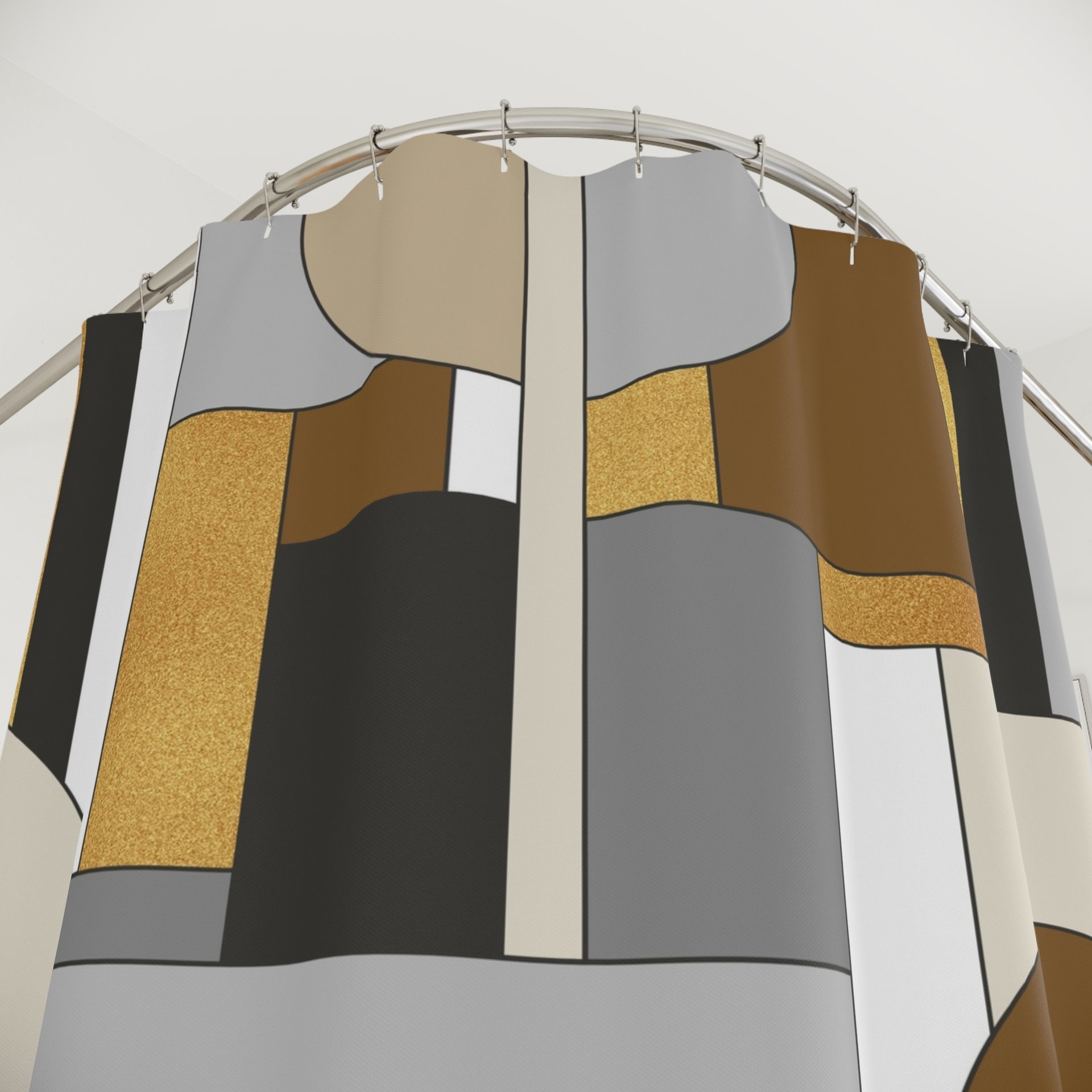 Mid-Century modern Mondrian style shower curtain showing button hole top