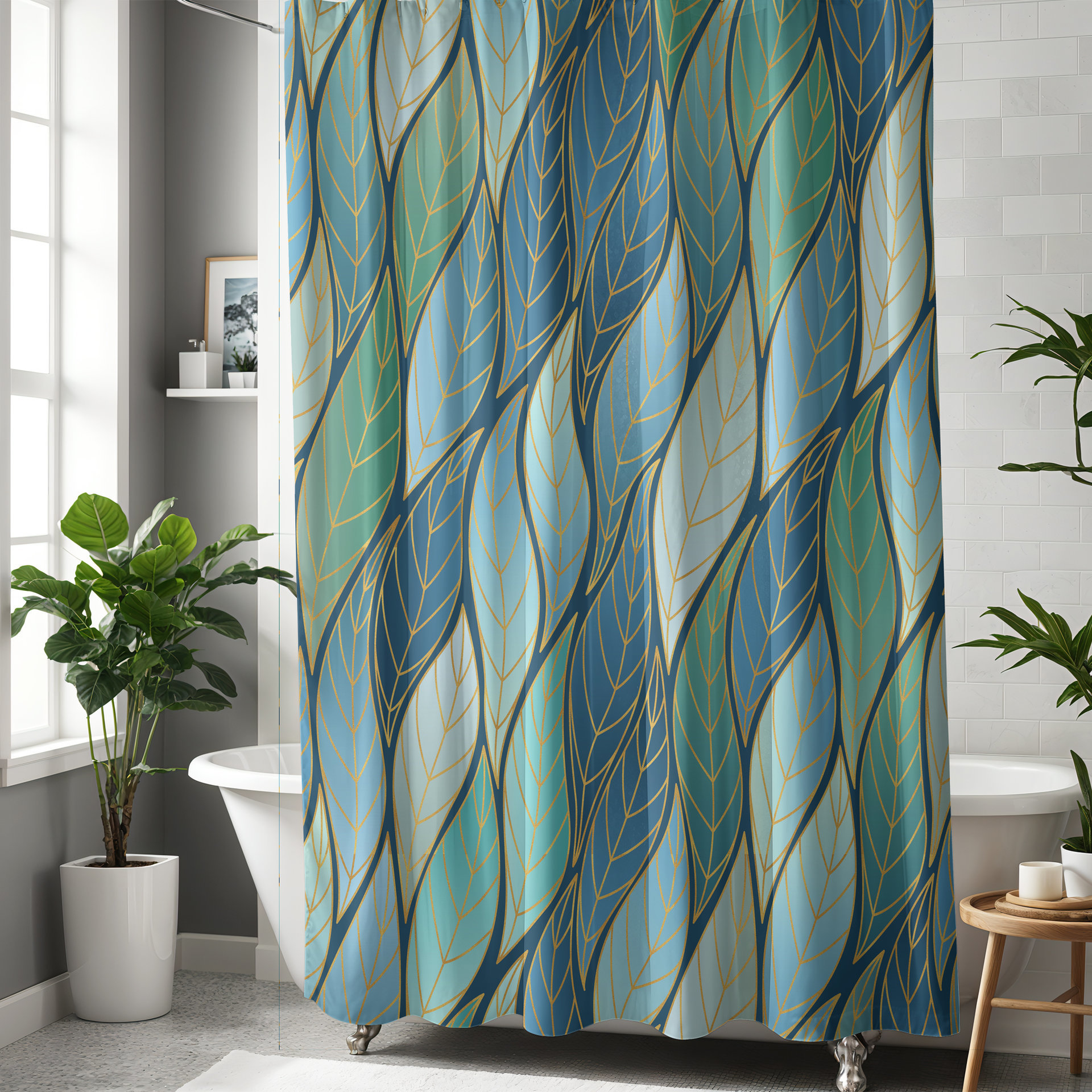 Bold Blue Green Ombré Leaves Shower Curtain