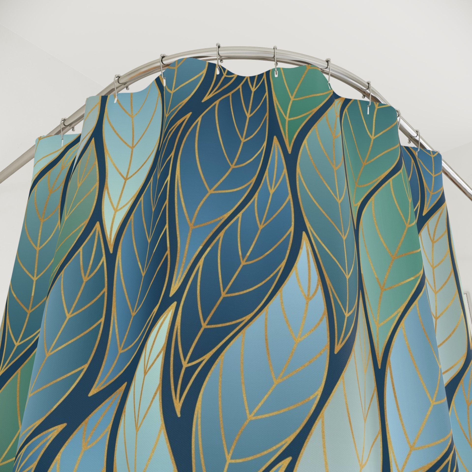 Bold Blue Green Ombré Leaves Shower Curtain close up top view