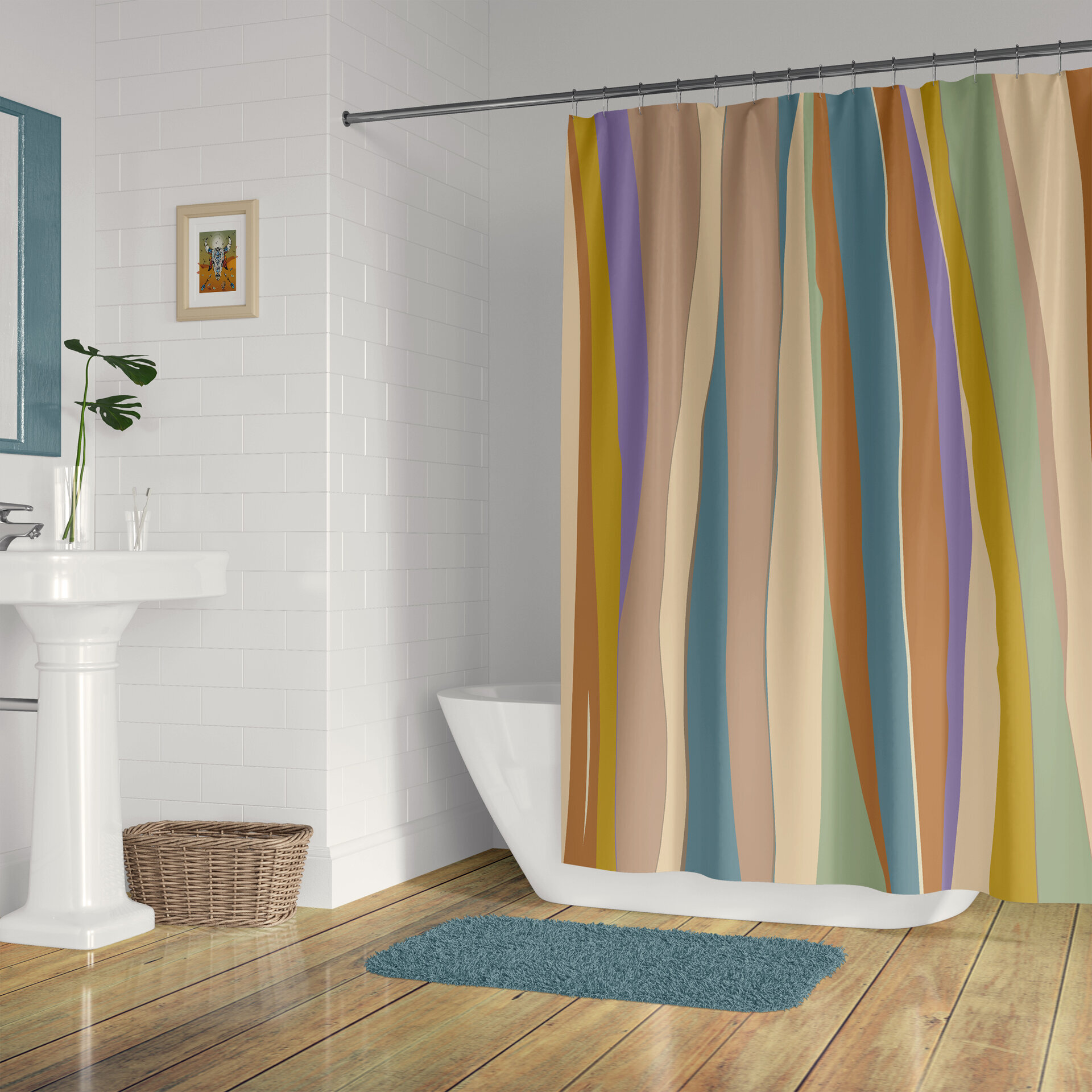 Wavy Stripes Shower Curtain in Muted Tropical Colors