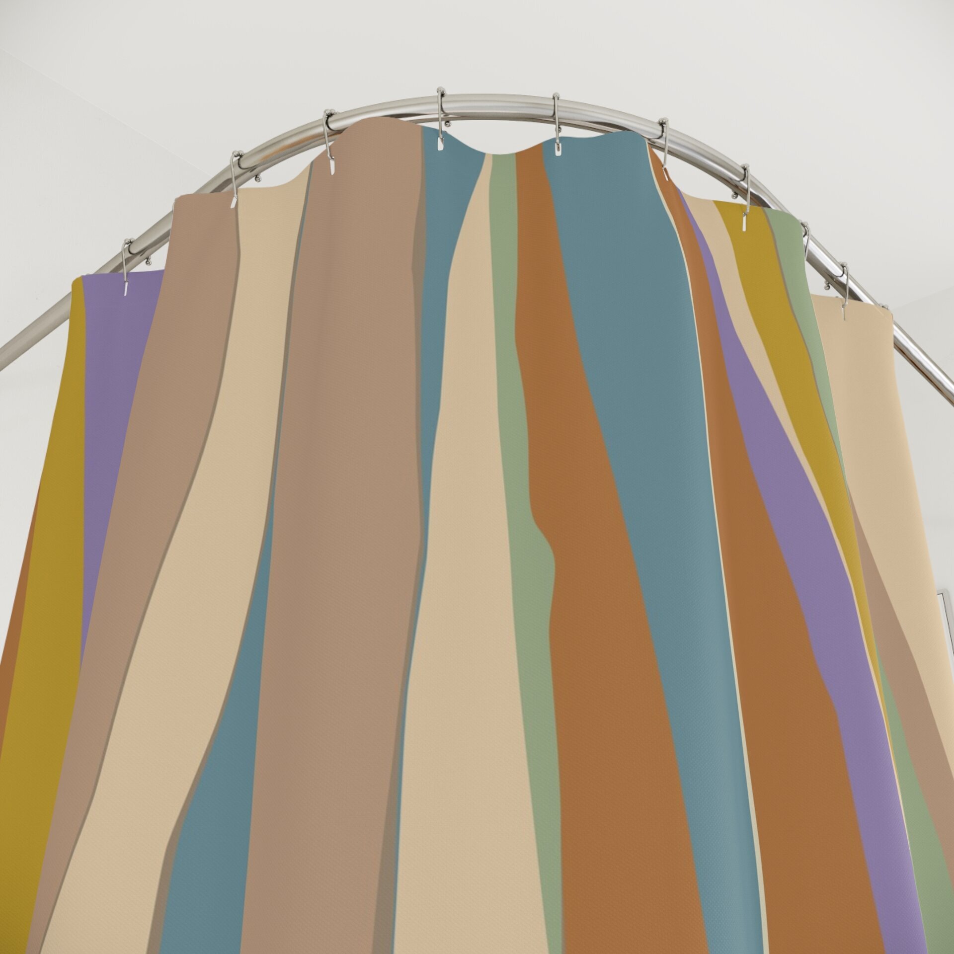 Wavy Stripes Shower Curtain in Muted Tropical Colors showing button holes