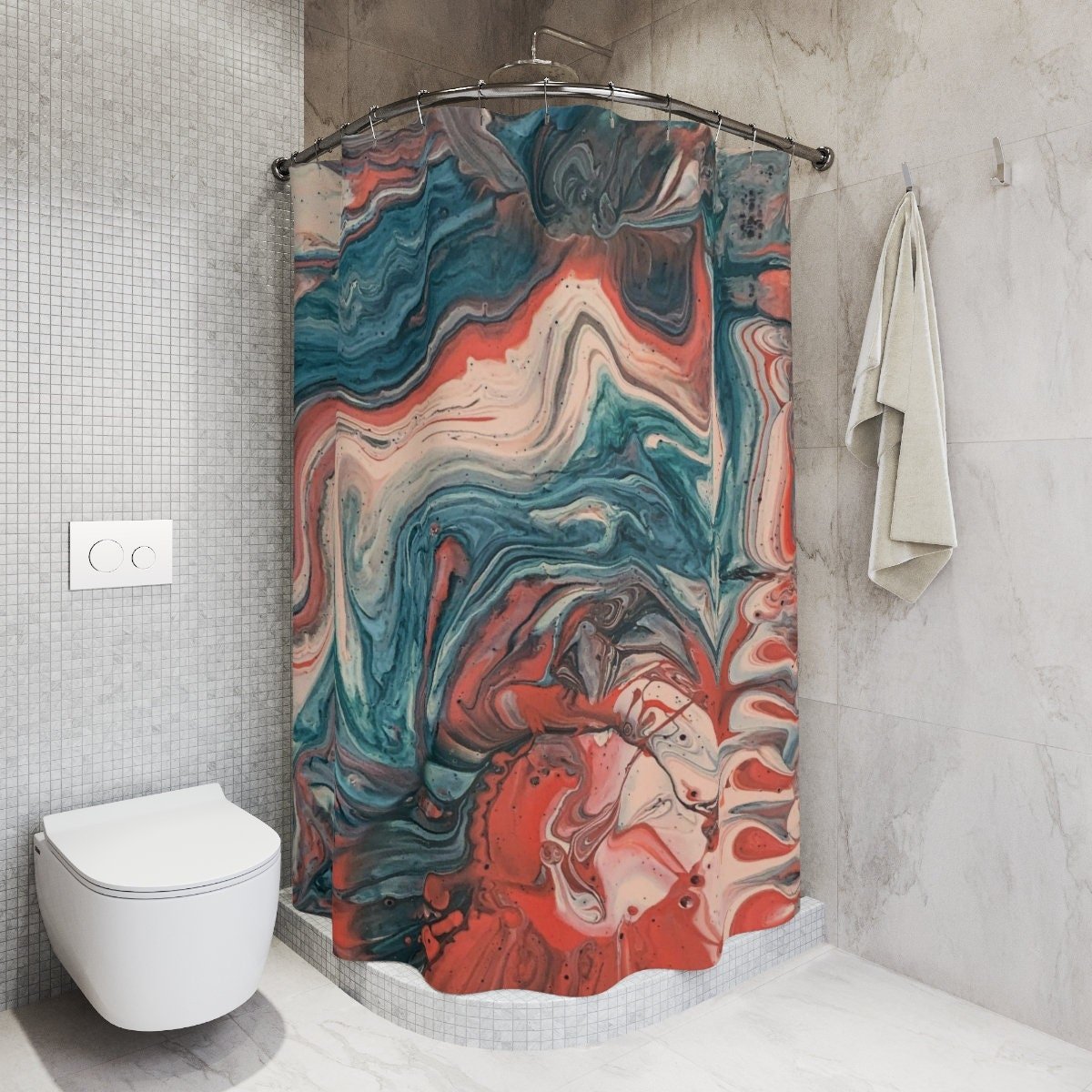 Blue and Coral Pink Abstract Art Shower Curtain