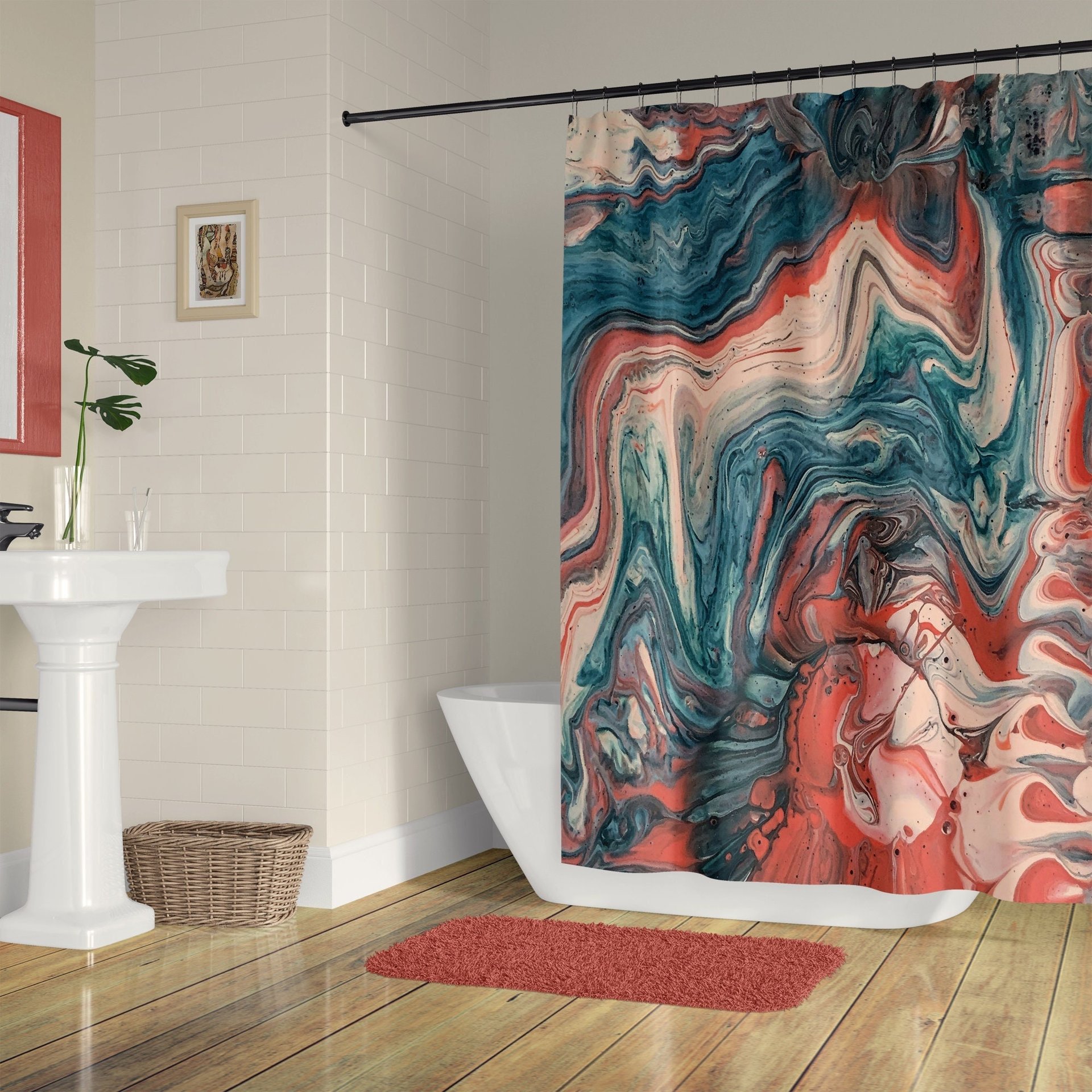 Blue and Coral Pink Abstract Art Shower Curtain