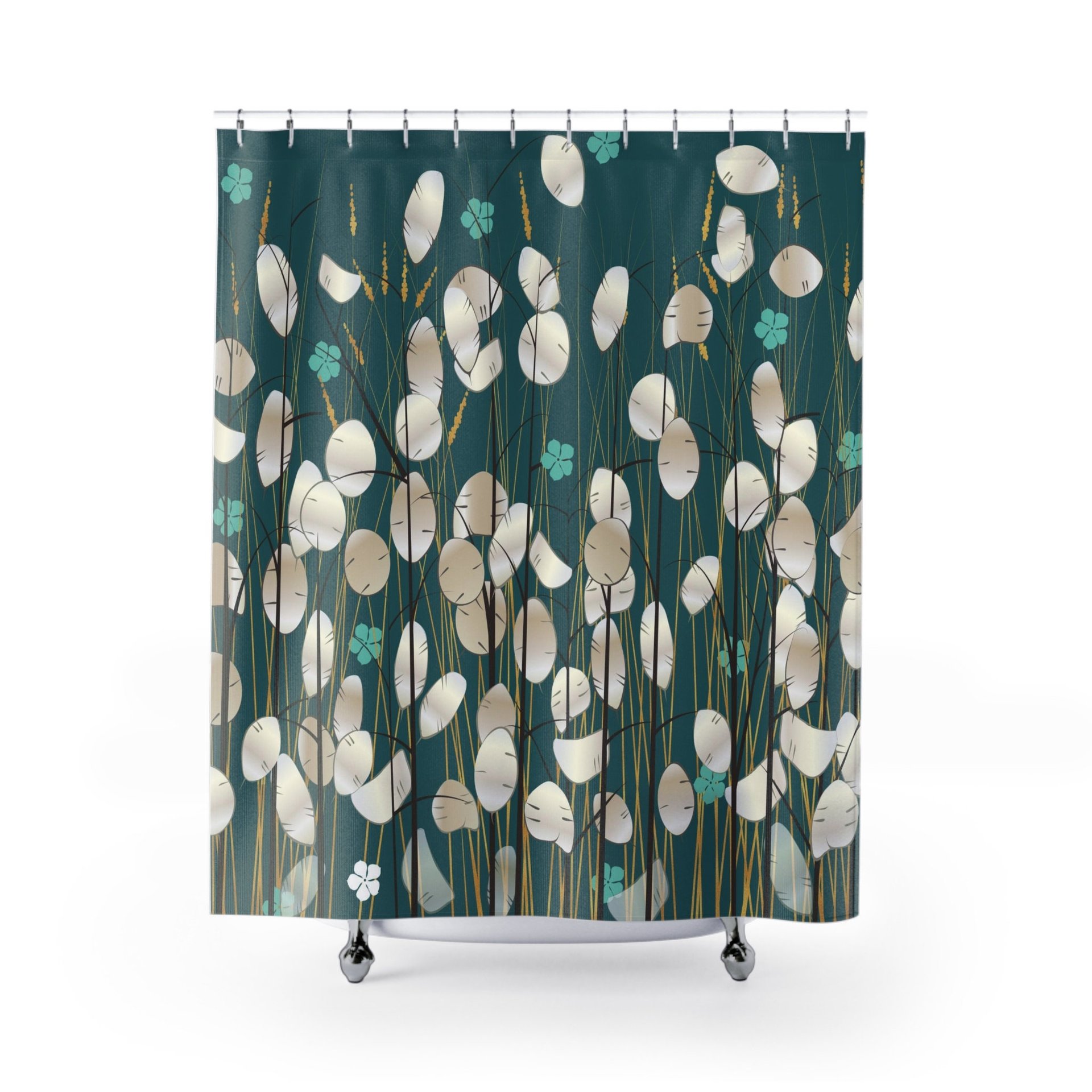 Shower curtain with abstract design of money plants in beige, off-white, brown, black and gold with aquamarine flowers on a deep teal background.
