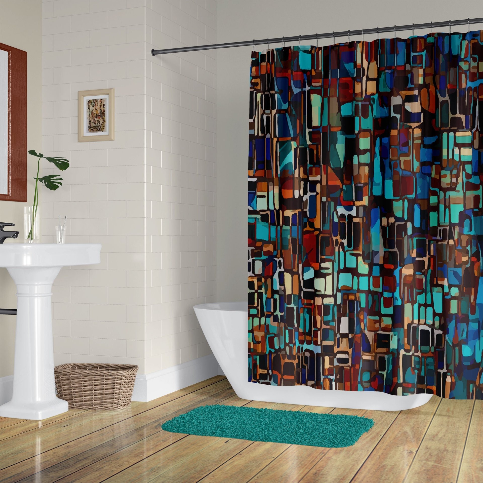 Turquoise, orange, brown and black stained glass color block design shower curtain
