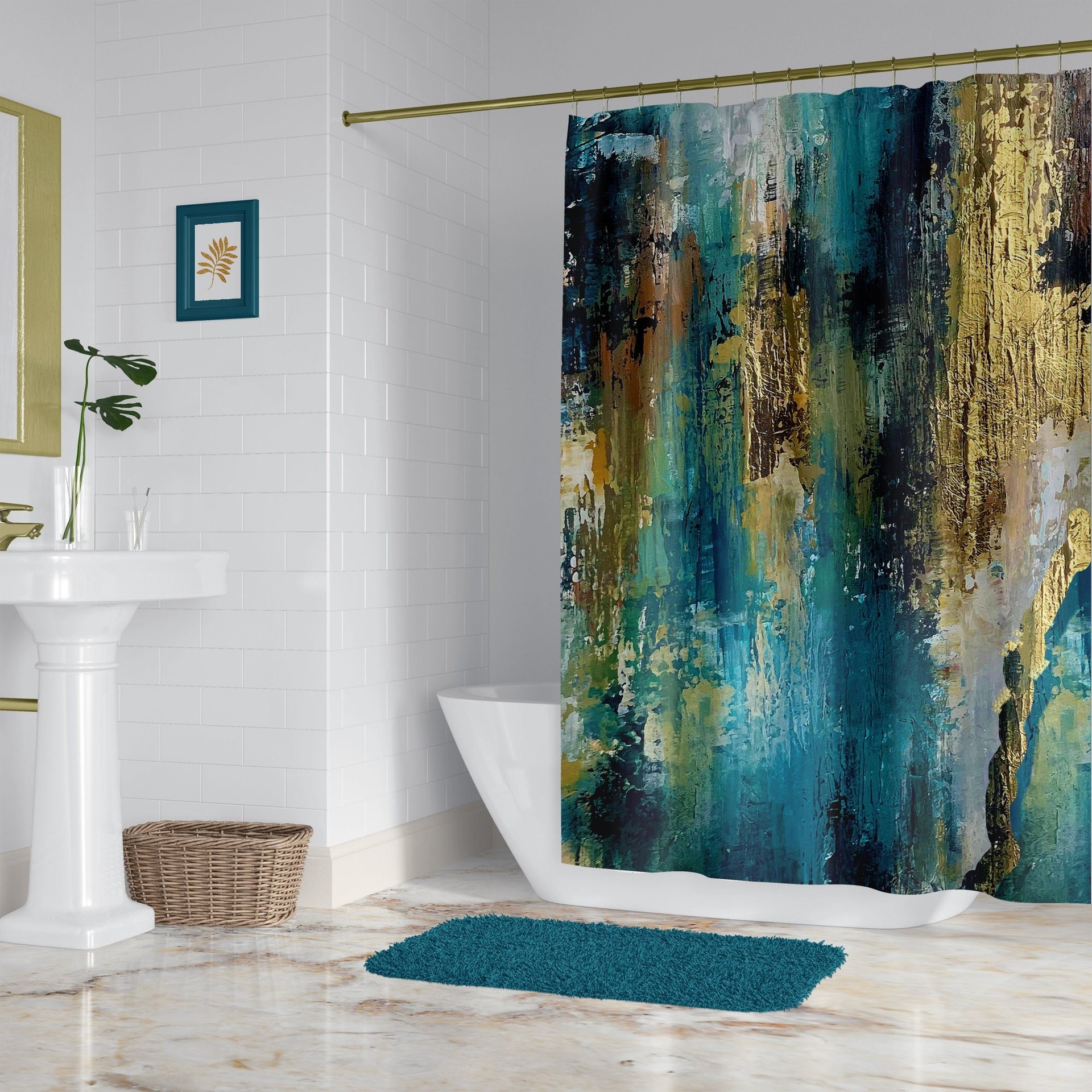 Teal and gold Abstract Modern Art Shower Curtain