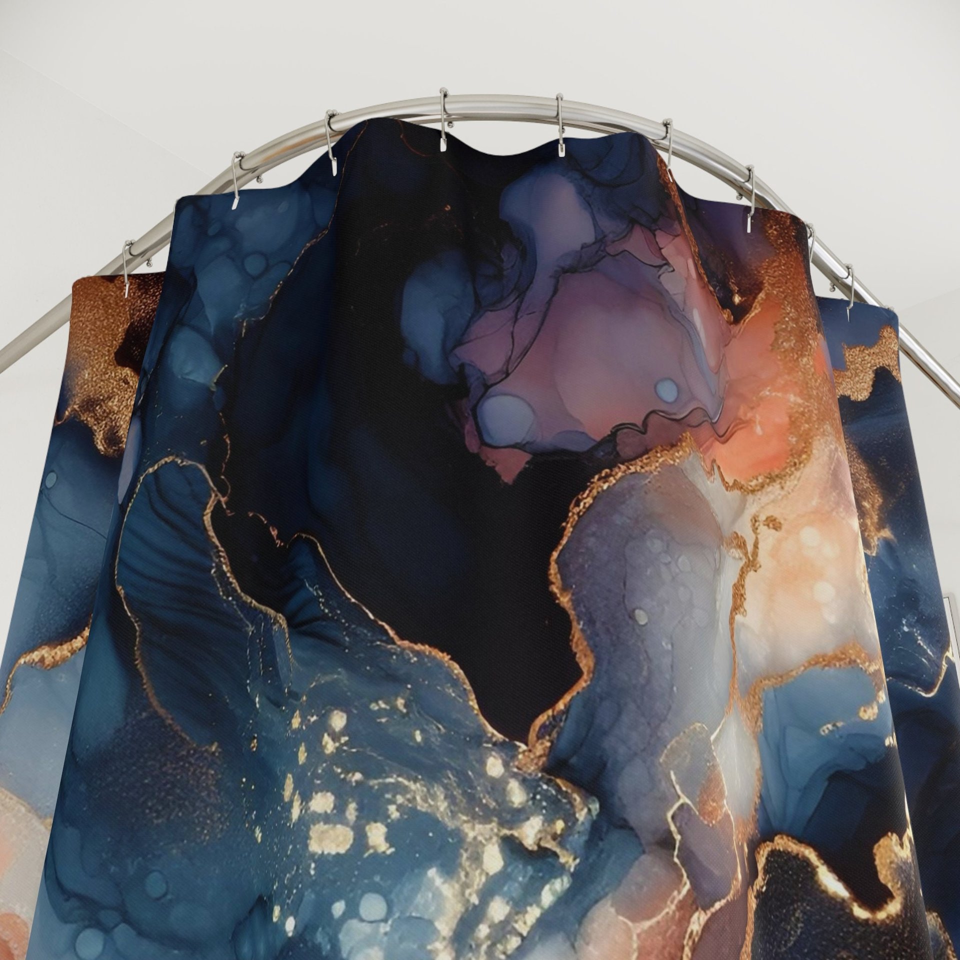 Navy Blue Marble Shower Curtain top view