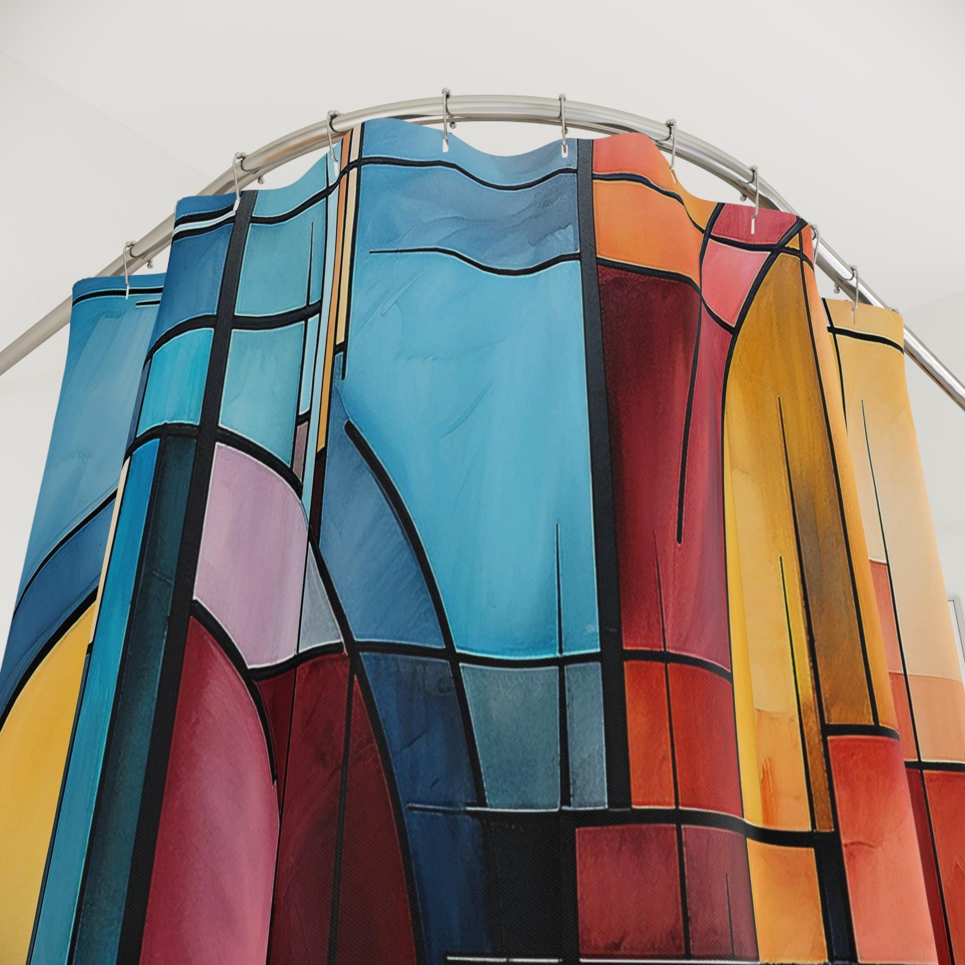 Jewel Colors Abstract Art Stained Glass Shower Curtain top half view