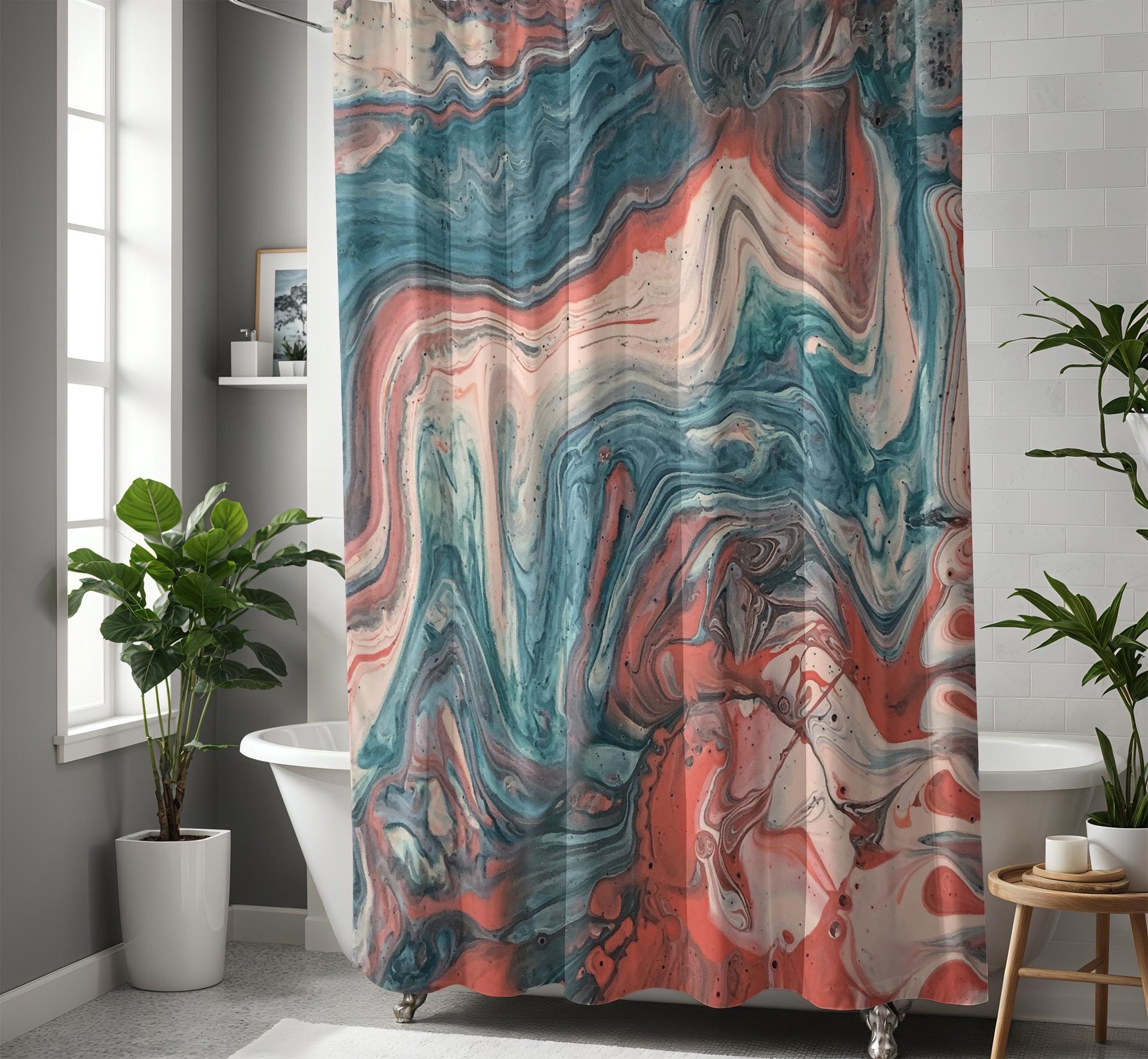 Blue and Coral Pink Abstract Art Shower Curtain