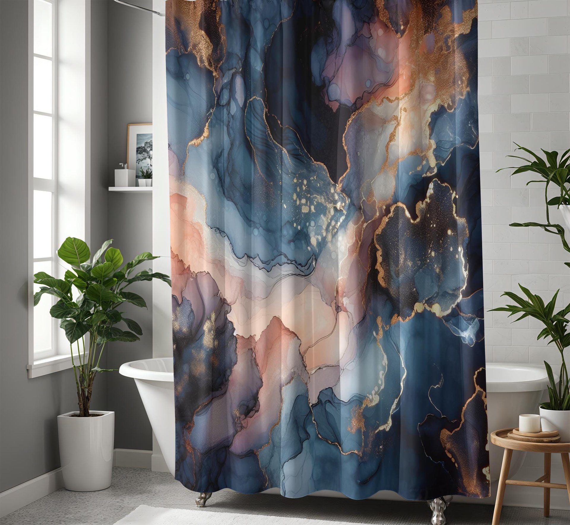 Navy Blue Marble Shower Curtain