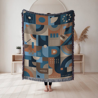 Blue and Brown Abstract Geometric Shapes Woven Cotton Blanket