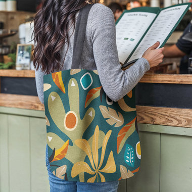 Multicolor Abstract Floral Woven Tote hanging on the shoulder of a young woman who is reading a menu at a restaurant counter.