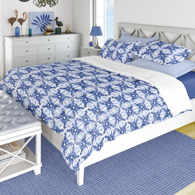 Queen duvet cover and pillow shams with a nautical Blue Ikat Pattern