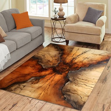 Redwood Burl Rug – Abstract Design in Rich Earth Tones displayed in a contemporary living room.