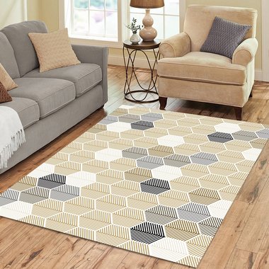 Neutral Geometric Area Rug – Leaf Design Hexagon Pattern in a contemporary living room.