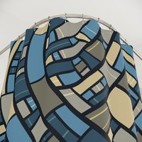 Abstract Geometric Shower Curtain, Blue, Gray and Sand showing button hole top for hanging.