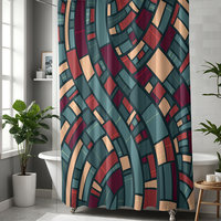 Mid-Century Modern Shower Curtain in teal, burgundy and apricot hung in a contemporary bathroom.