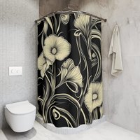 Black & Cream Floral Art Nouveau Shower Curtain in a vintage style bathroom.