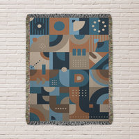 Blue and Brown Abstract Geometric Shapes Woven Cotton wall tapestry