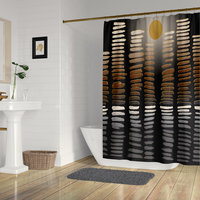 Shower curtain hung in a modern, minimalist bathroom. The striped design resembles a city skyline reflected in the river under a full moon.