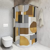 Mid-Century modern Mondrian style shower curtain in a neutral minimalist bathroom