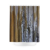 Unusual grunge shower curtain in gray, brown and gold with blue flaking paint on corrugated iron.