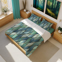 Blue Green Ombré Leaves Bedding Set