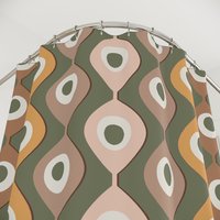Green Mid-Century Shower Curtain, 70s Abstract Circles Pattern, close up top