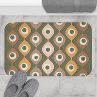 Large Green Mid-Century Bath Mat, 70s Abstract Circles Pattern