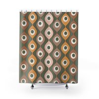 Green Mid-Century Shower Curtain, 70s Abstract Circles Pattern