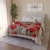 Small Bold Red Poppy Fleece Blanket on a bed