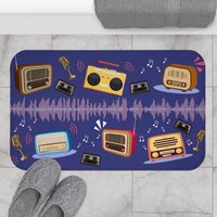 Musical bath mat, Large. Colorful Vintage Radios with Sound Waves