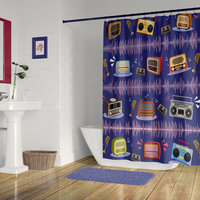 Musical Shower Curtain, Colorful Vintage Radios with Sound Waves