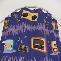 Musical Shower Curtain, Colorful Vintage Radios with Sound Waves showing top view