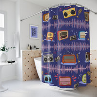 Musical Shower Curtain, Colorful Vintage Radios with Sound Waves