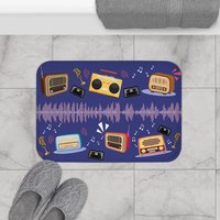 Musical bath mat, Small. Colorful Vintage Radios with Sound Waves