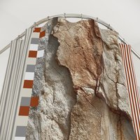 Rustic Rock and Stripe Shower Curtain, Textured Stone Art, Earth Tones showing button holes