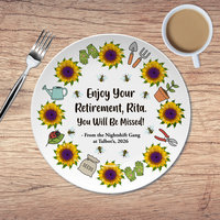 Personalized Retirement Gift Plate ona table with a cup of coffee