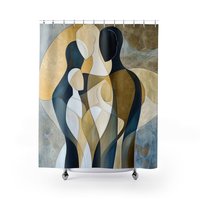 Shower curtain with fine art family scene in blue, gray, black, brown and beige abstract figures.